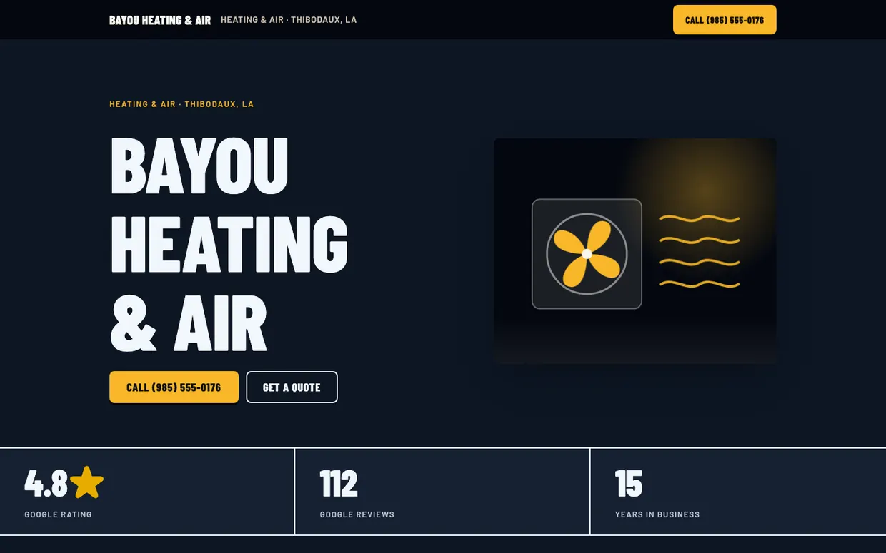 Bayou Heating & Air, example design on a laptop